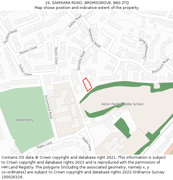 19, SAMSARA ROAD, BROMSGROVE, B60 2TQ: Location map and indicative extent of plot