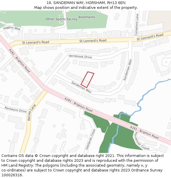 19, SANDEMAN WAY, HORSHAM, RH13 6EN: Location map and indicative extent of plot