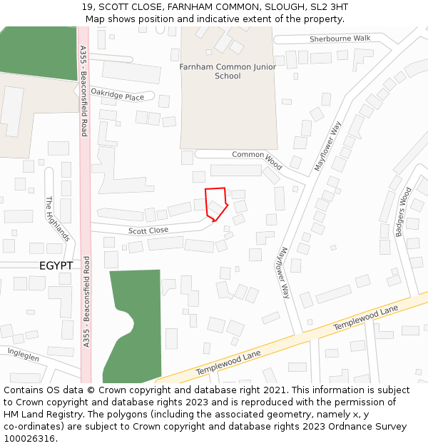 19, SCOTT CLOSE, FARNHAM COMMON, SLOUGH, SL2 3HT: Location map and indicative extent of plot