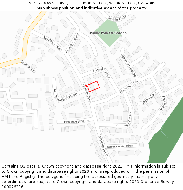 19, SEADOWN DRIVE, HIGH HARRINGTON, WORKINGTON, CA14 4NE: Location map and indicative extent of plot