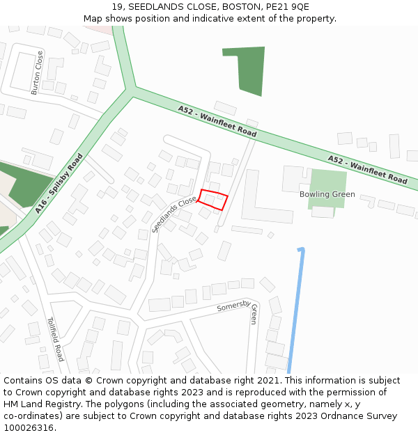 19, SEEDLANDS CLOSE, BOSTON, PE21 9QE: Location map and indicative extent of plot