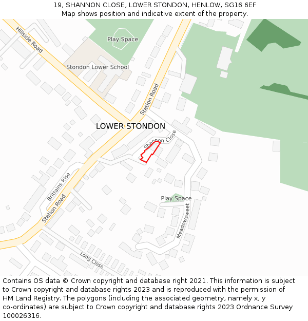 19, SHANNON CLOSE, LOWER STONDON, HENLOW, SG16 6EF: Location map and indicative extent of plot