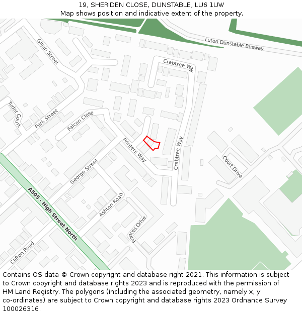 19, SHERIDEN CLOSE, DUNSTABLE, LU6 1UW: Location map and indicative extent of plot