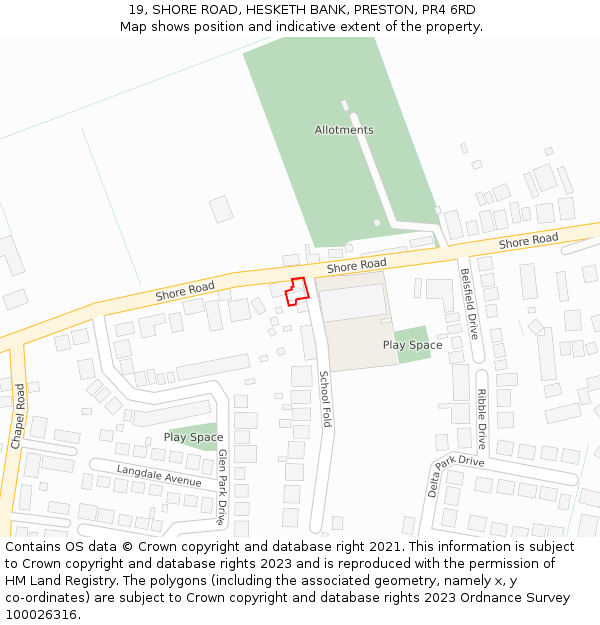 19, SHORE ROAD, HESKETH BANK, PRESTON, PR4 6RD: Location map and indicative extent of plot