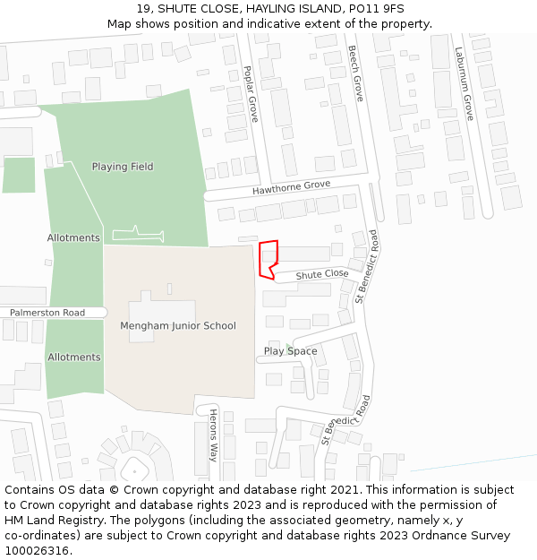 19, SHUTE CLOSE, HAYLING ISLAND, PO11 9FS: Location map and indicative extent of plot