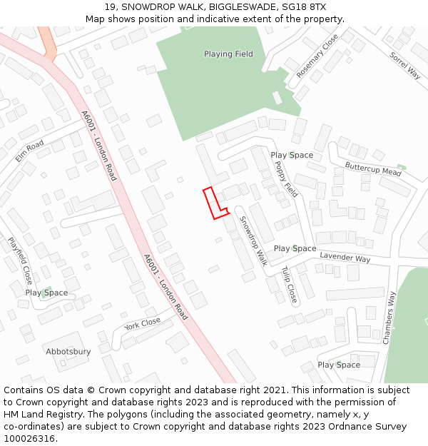 19, SNOWDROP WALK, BIGGLESWADE, SG18 8TX: Location map and indicative extent of plot