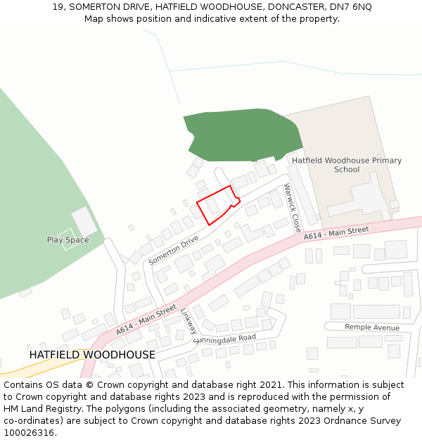 19, SOMERTON DRIVE, HATFIELD WOODHOUSE, DONCASTER, DN7 6NQ: Location map and indicative extent of plot