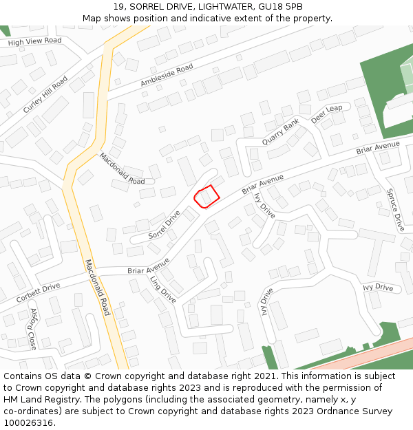 19, SORREL DRIVE, LIGHTWATER, GU18 5PB: Location map and indicative extent of plot