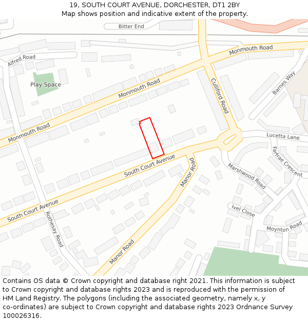 19, SOUTH COURT AVENUE, DORCHESTER, DT1 2BY: Location map and indicative extent of plot