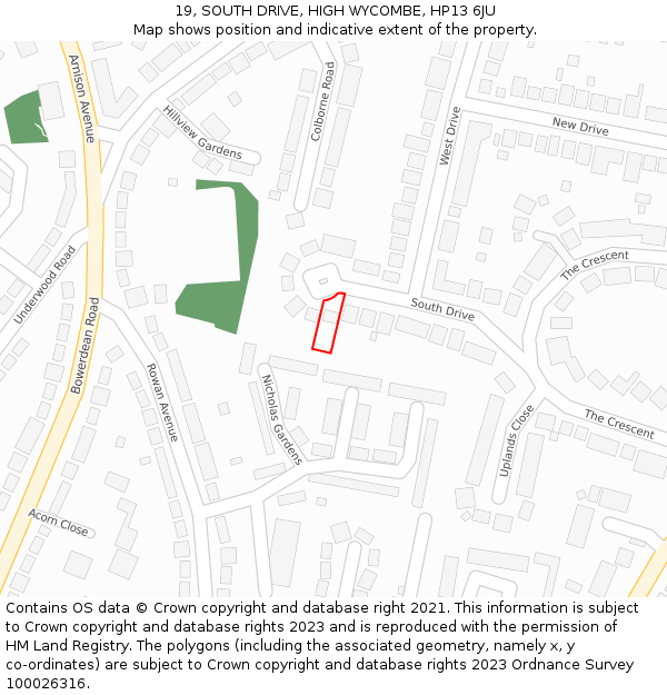 19, SOUTH DRIVE, HIGH WYCOMBE, HP13 6JU: Location map and indicative extent of plot