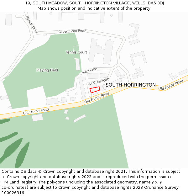 19, SOUTH MEADOW, SOUTH HORRINGTON VILLAGE, WELLS, BA5 3DJ: Location map and indicative extent of plot