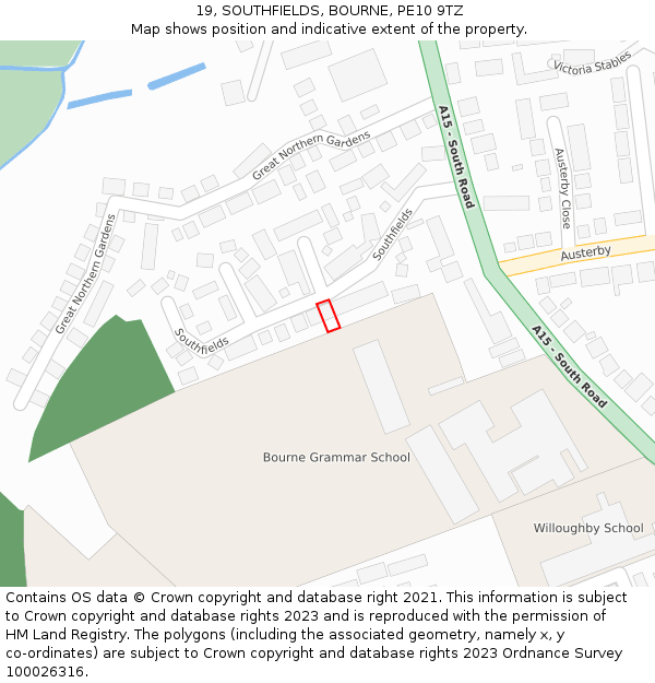 19, SOUTHFIELDS, BOURNE, PE10 9TZ: Location map and indicative extent of plot