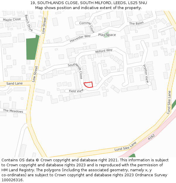 19, SOUTHLANDS CLOSE, SOUTH MILFORD, LEEDS, LS25 5NU: Location map and indicative extent of plot