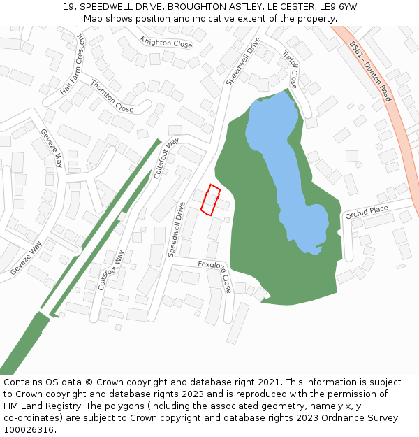 19, SPEEDWELL DRIVE, BROUGHTON ASTLEY, LEICESTER, LE9 6YW: Location map and indicative extent of plot