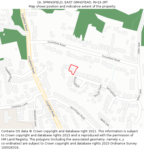 19, SPRINGFIELD, EAST GRINSTEAD, RH19 2RT: Location map and indicative extent of plot