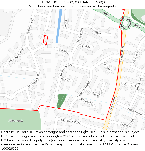 19, SPRINGFIELD WAY, OAKHAM, LE15 6QA: Location map and indicative extent of plot