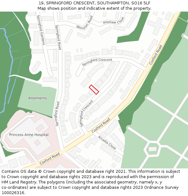 19, SPRINGFORD CRESCENT, SOUTHAMPTON, SO16 5LF: Location map and indicative extent of plot