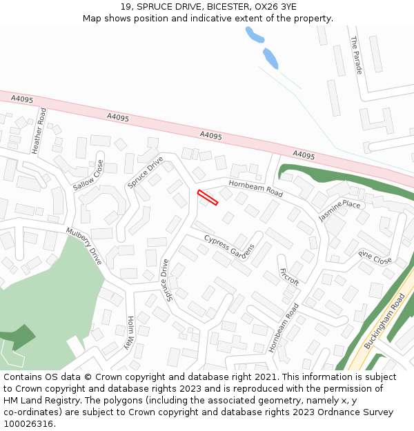 19, SPRUCE DRIVE, BICESTER, OX26 3YE: Location map and indicative extent of plot