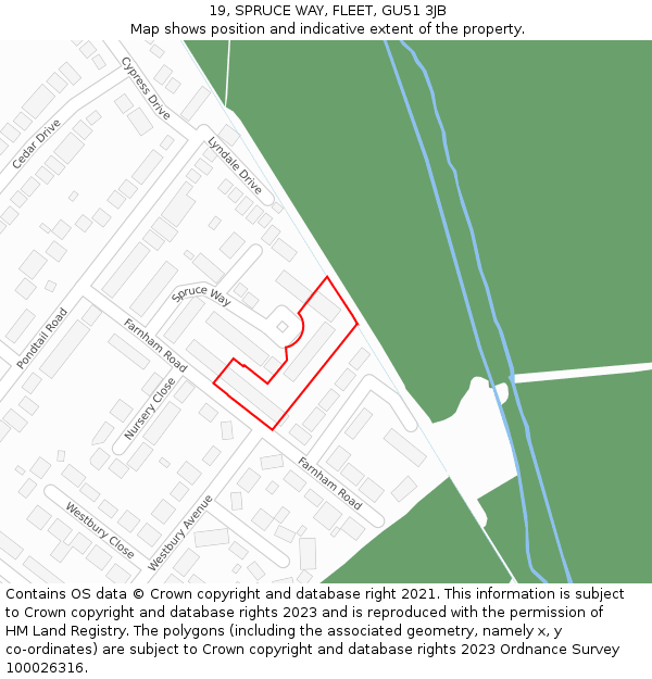 19, SPRUCE WAY, FLEET, GU51 3JB: Location map and indicative extent of plot