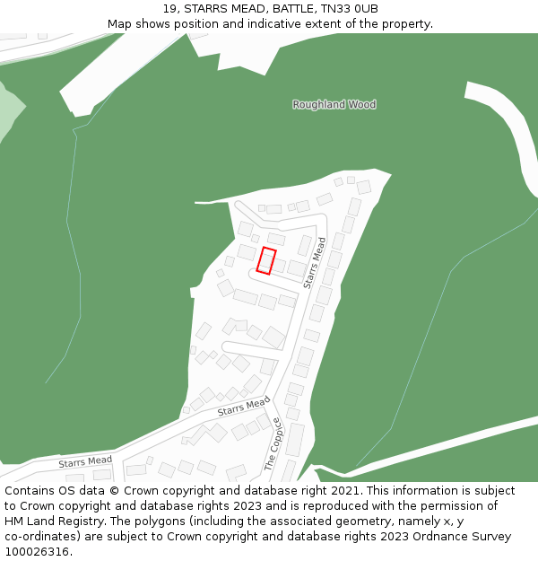 19, STARRS MEAD, BATTLE, TN33 0UB: Location map and indicative extent of plot