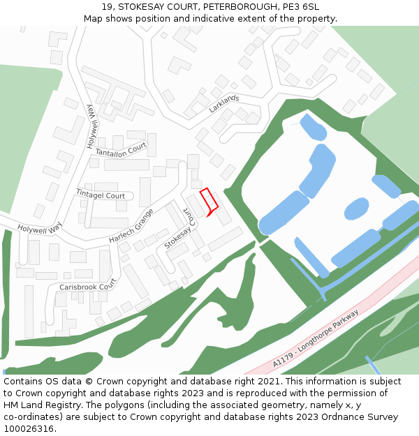 19, STOKESAY COURT, PETERBOROUGH, PE3 6SL: Location map and indicative extent of plot