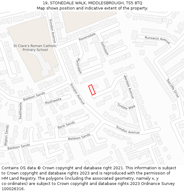 19, STONEDALE WALK, MIDDLESBROUGH, TS5 8TQ: Location map and indicative extent of plot