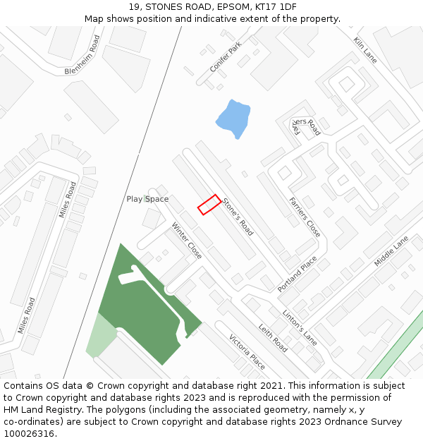 19, STONES ROAD, EPSOM, KT17 1DF: Location map and indicative extent of plot