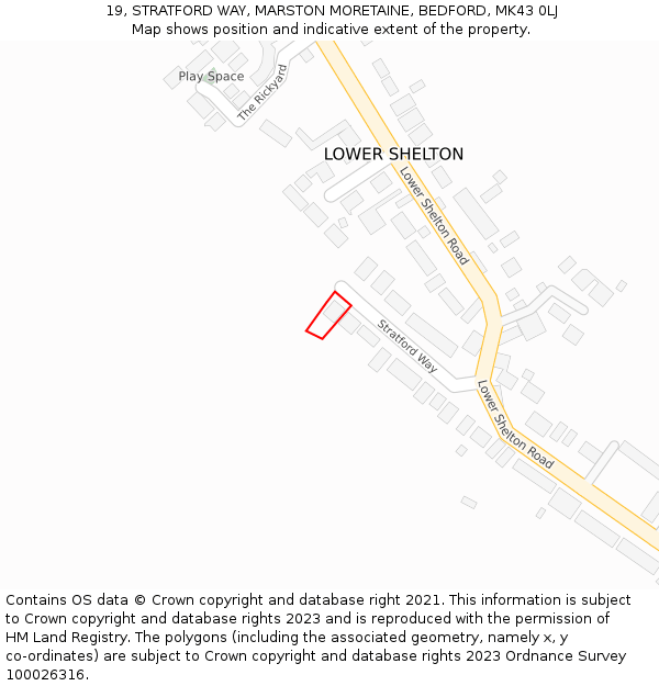 19, STRATFORD WAY, MARSTON MORETAINE, BEDFORD, MK43 0LJ: Location map and indicative extent of plot