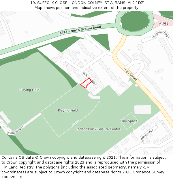 19, SUFFOLK CLOSE, LONDON COLNEY, ST ALBANS, AL2 1DZ: Location map and indicative extent of plot