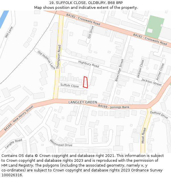 19, SUFFOLK CLOSE, OLDBURY, B68 8RP: Location map and indicative extent of plot