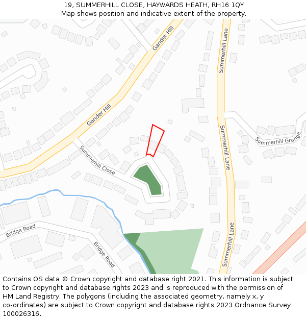 19, SUMMERHILL CLOSE, HAYWARDS HEATH, RH16 1QY: Location map and indicative extent of plot