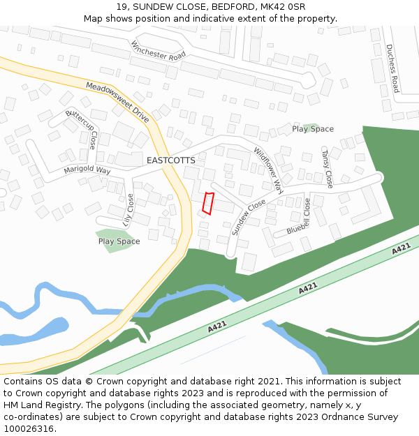 19, SUNDEW CLOSE, BEDFORD, MK42 0SR: Location map and indicative extent of plot