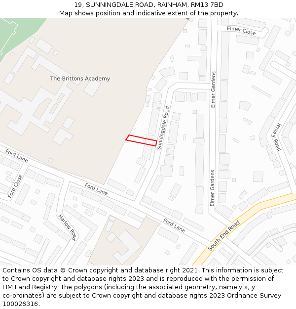 19, SUNNINGDALE ROAD, RAINHAM, RM13 7BD: Location map and indicative extent of plot