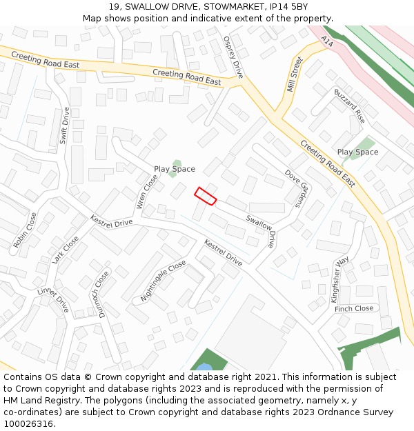 19, SWALLOW DRIVE, STOWMARKET, IP14 5BY: Location map and indicative extent of plot