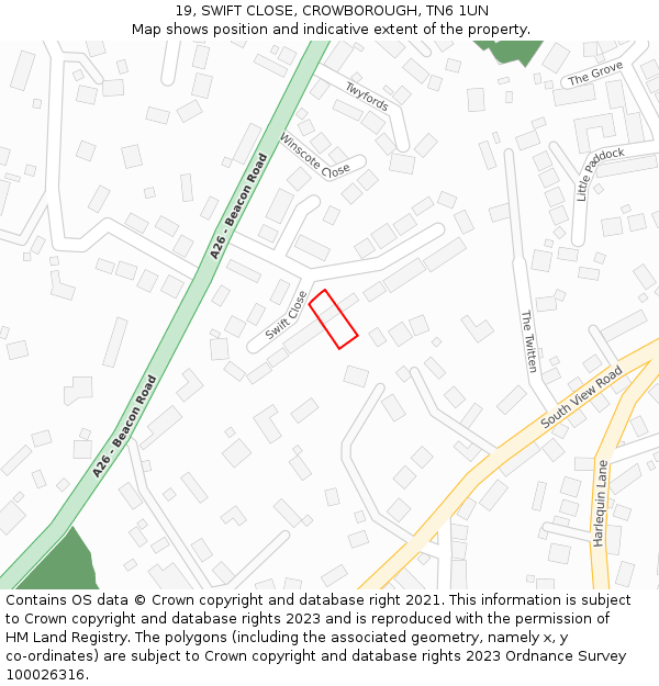 19, SWIFT CLOSE, CROWBOROUGH, TN6 1UN: Location map and indicative extent of plot
