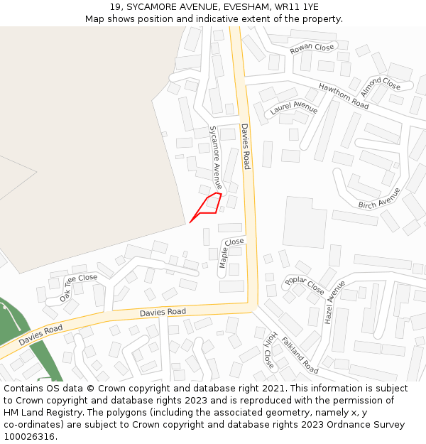 19, SYCAMORE AVENUE, EVESHAM, WR11 1YE: Location map and indicative extent of plot