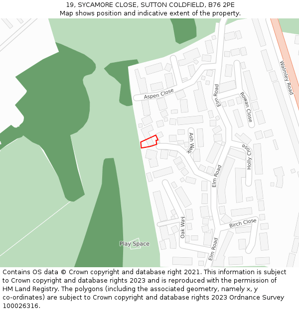 19, SYCAMORE CLOSE, SUTTON COLDFIELD, B76 2PE: Location map and indicative extent of plot