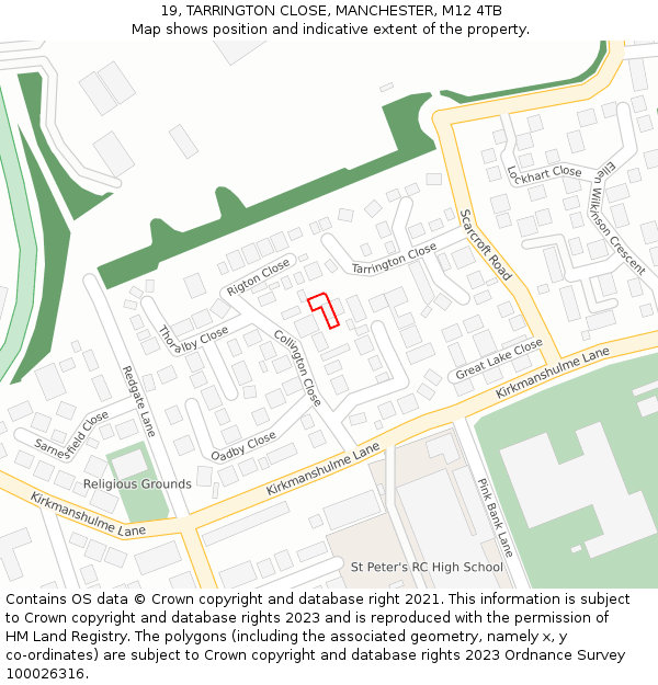 19, TARRINGTON CLOSE, MANCHESTER, M12 4TB: Location map and indicative extent of plot