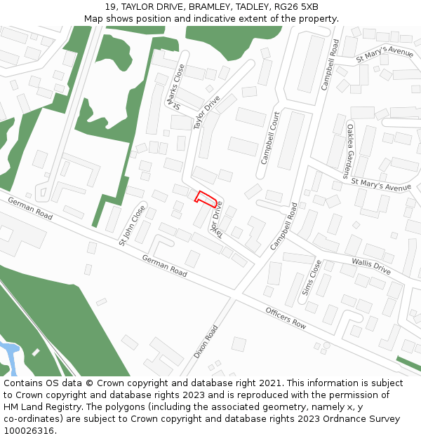 19, TAYLOR DRIVE, BRAMLEY, TADLEY, RG26 5XB: Location map and indicative extent of plot