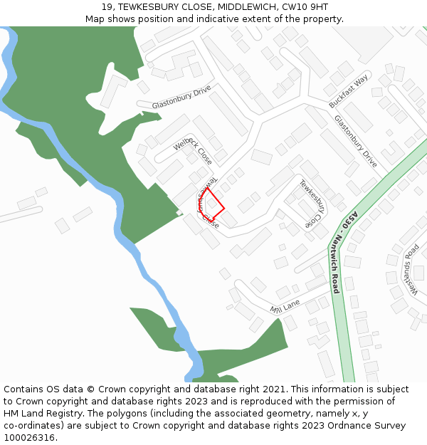 19, TEWKESBURY CLOSE, MIDDLEWICH, CW10 9HT: Location map and indicative extent of plot