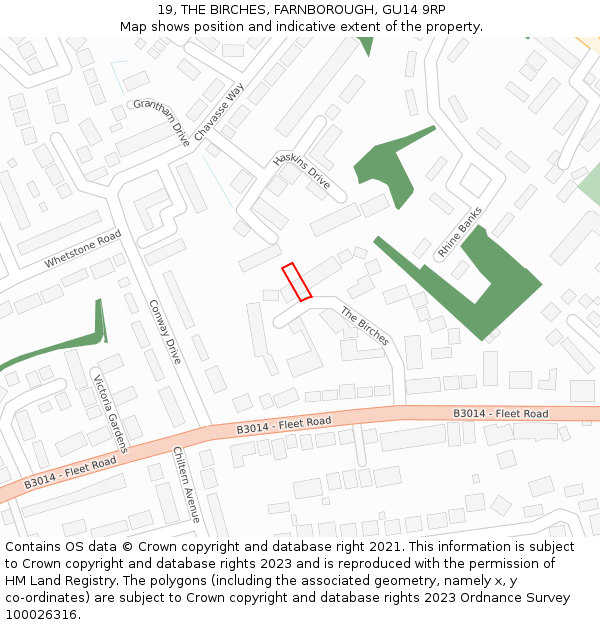 19, THE BIRCHES, FARNBOROUGH, GU14 9RP: Location map and indicative extent of plot