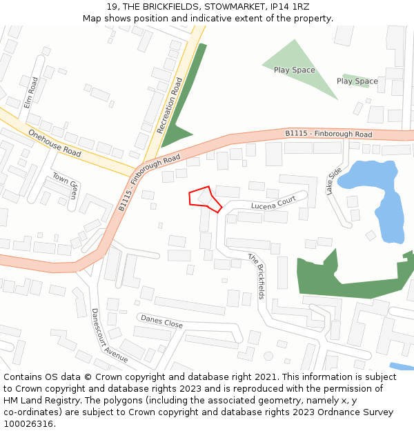 19, THE BRICKFIELDS, STOWMARKET, IP14 1RZ: Location map and indicative extent of plot