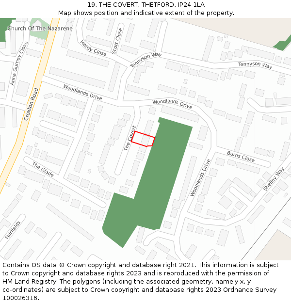 19, THE COVERT, THETFORD, IP24 1LA: Location map and indicative extent of plot