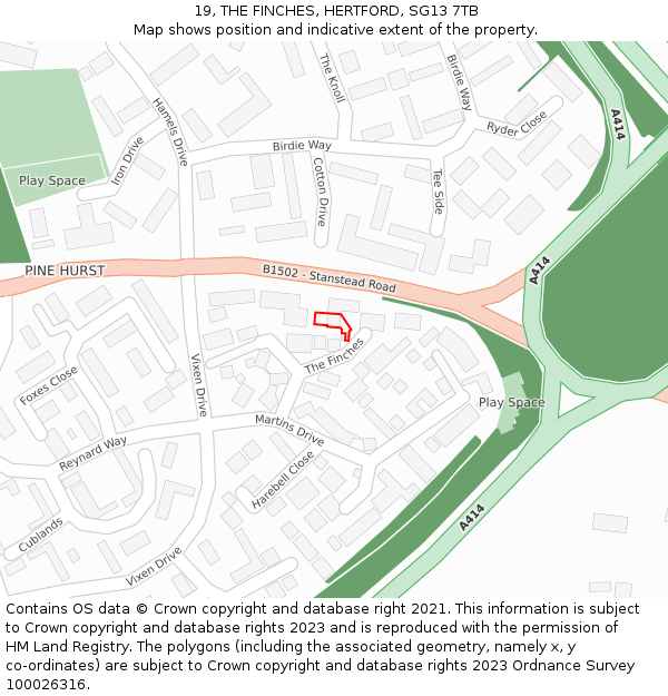 19, THE FINCHES, HERTFORD, SG13 7TB: Location map and indicative extent of plot