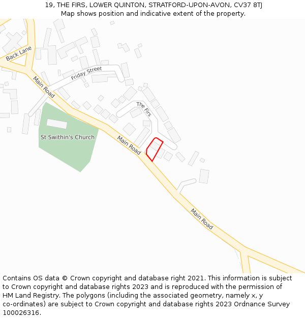 19, THE FIRS, LOWER QUINTON, STRATFORD-UPON-AVON, CV37 8TJ: Location map and indicative extent of plot