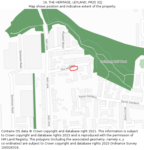 19, THE HERITAGE, LEYLAND, PR25 3ZJ: Location map and indicative extent of plot