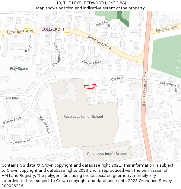 19, THE LEYS, BEDWORTH, CV12 8AJ: Location map and indicative extent of plot