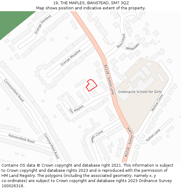 19, THE MAPLES, BANSTEAD, SM7 3QZ: Location map and indicative extent of plot