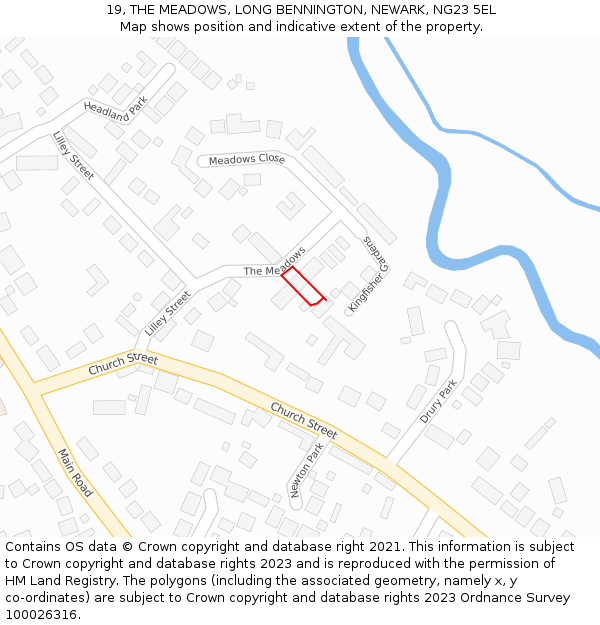 19, THE MEADOWS, LONG BENNINGTON, NEWARK, NG23 5EL: Location map and indicative extent of plot