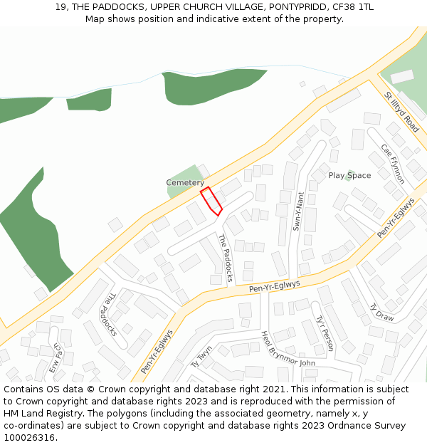 19, THE PADDOCKS, UPPER CHURCH VILLAGE, PONTYPRIDD, CF38 1TL: Location map and indicative extent of plot